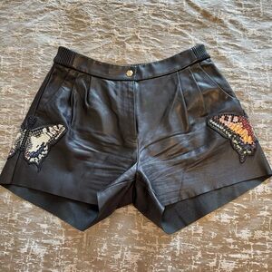 PHILIP PLEIN Black Leather Shorts with Butterfly Embroidery, Size S, Authentic